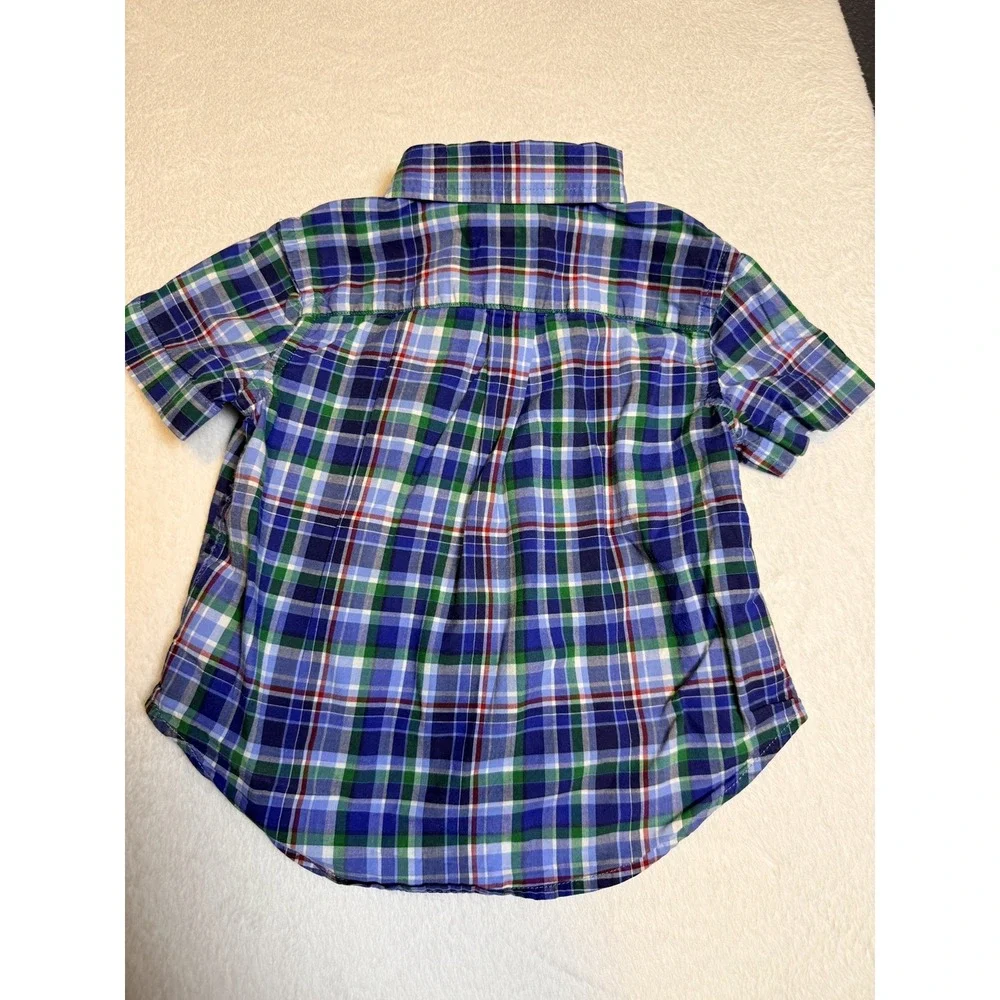 Ralph Lauren Shirt Button Up Short Sleeve Blue Green Plaid  Blue Pony  12 Months
